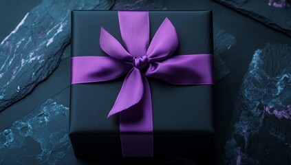 From a top view perspective, a photo shows a black giftbox tied with a purple ribbon bow, positioned on a bicolor background of black and violet with space available for adding text