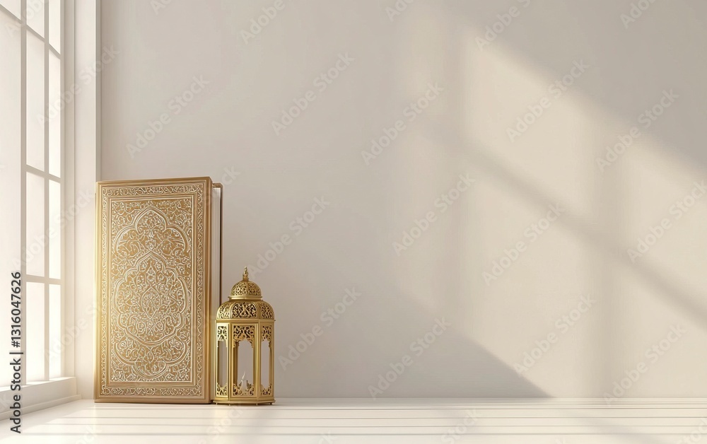Poster 3d rendering of a golden quran with a lantern and window frame, isolated on a white background. this