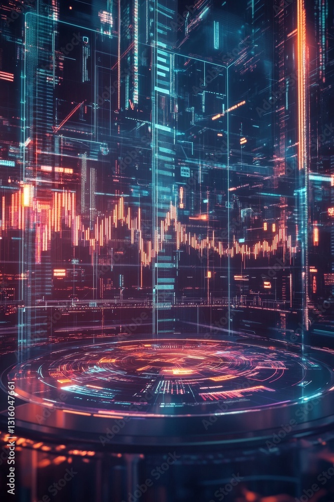 Poster futuristic digital environment with glowing data visualizations and abstract geometric patterns