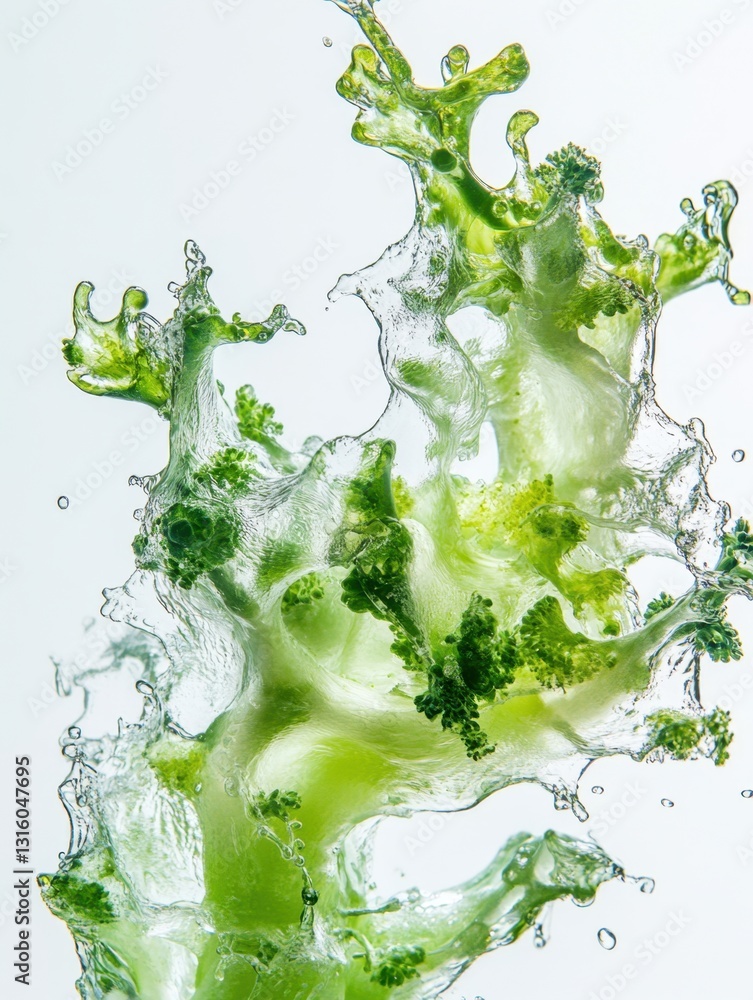 Poster fresh broccoli bursts in a splash of water creating a dynamic and refreshing visual against white ba