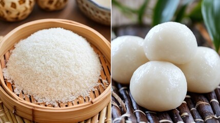 Fototapeta premium A side-by-side composition of raw rice flour mixture and fully steamed Bnh bo.