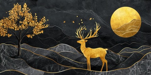 Golden deer in a dark, abstract landscape with a golden tree and moon.