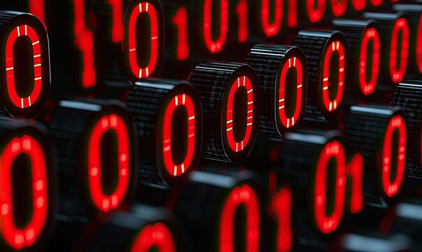 Close-Up View of Bright Red Digital Numbers Displaying Binary Code in a High-Tech Abstract Setting with Futuristic Ambiance and Glowing Lights
