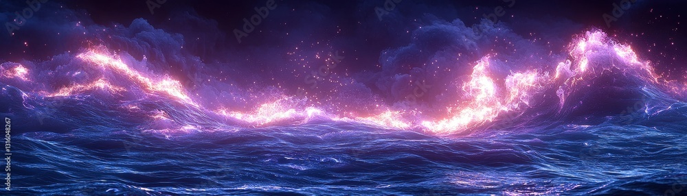 Poster vibrant purple and blue fire-like waves crash against each other in the ocean, creating a mesmerizin