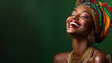 A striking close-up portrait of a graceful woman with deep brown skin, wearing a colorful headwrap and layered gold necklaces, her joyful laughter captured in high detail