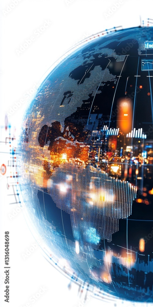Poster abstract digital globe visualization with bright data connections and colorful light patterns