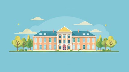 Modern school building in flat design style with bright colors, featuring classrooms, playground, and educational environment for learning and development