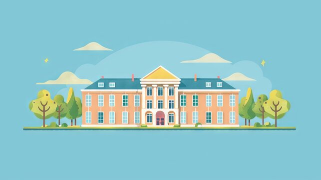 Modern school building in flat design style with bright colors, featuring classrooms, playground, and educational environment for learning and development