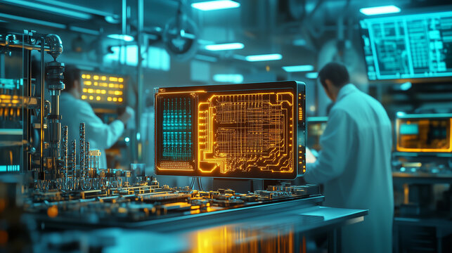 A glowing quantum computer in a high-tech research lab