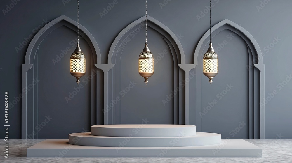 Poster 3d rendering of a podium mockup for product presentation, featuring hanging lamps on a gray backgrou