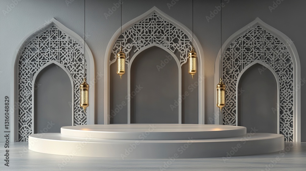 Poster 3d rendering of a podium mockup for product presentation, featuring hanging lamps on a gray backgrou