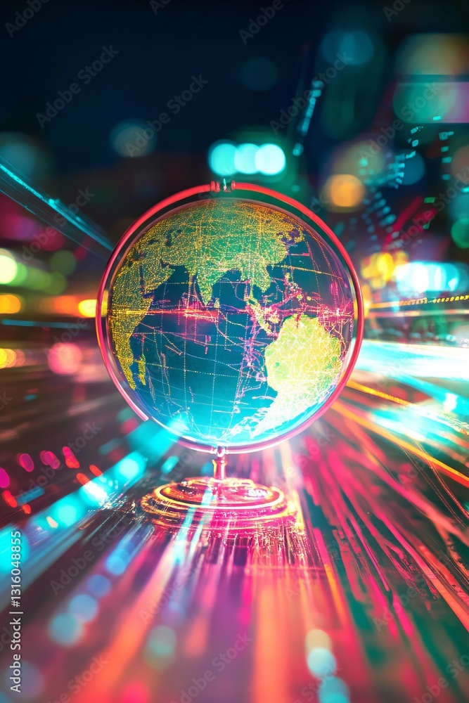 Poster a vivid and abstract representation of a globe surrounded by colorful light trails, symbolizing glob