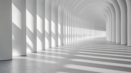 A pristine white hallway with arched columns, bathed in sunlight