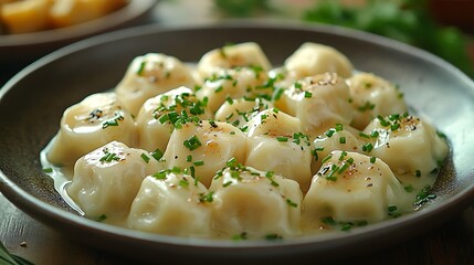 Artful arrangement of dumplings glowing softly with a dark plate enhancing the contrast