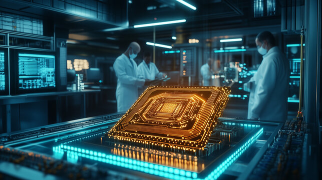 A glowing quantum computer in a high-tech research lab