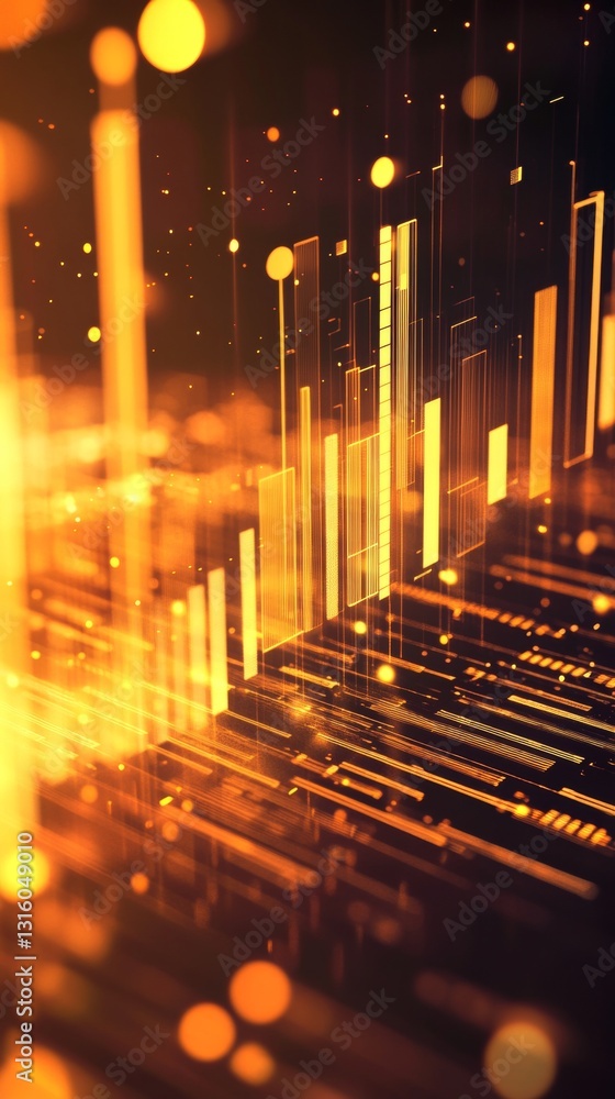 Poster abstract digital data visualization with flowing golden lines and sparkling particles