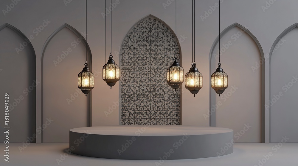 Poster 3d rendering of a podium mockup for product presentation, featuring hanging lamps on a gray backgrou