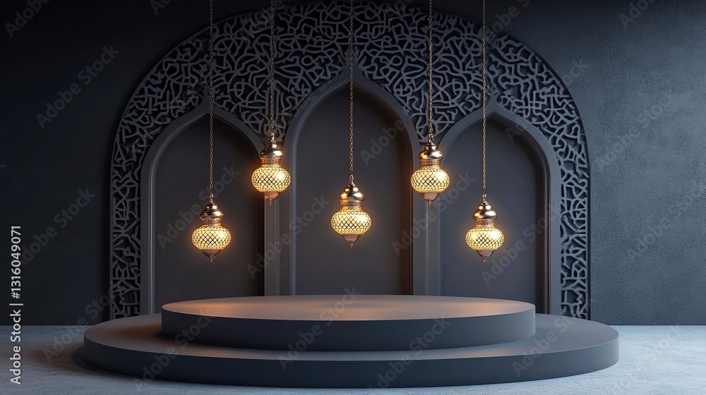 Poster 3d rendering of a podium mockup for product presentation, featuring hanging lamps on a gray backgrou