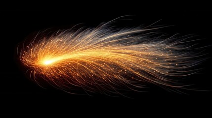 Ethereal burst of golden light streaks across a dark void creating a dynamic abstract energy flow with a cosmic and futuristic feel