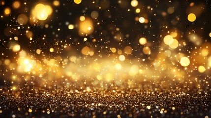 Fototapeta premium Ethereal golden glitter cascade on dark backdrop creating a magical festive atmosphere with bokeh effect and blurred lights perfect for celebration