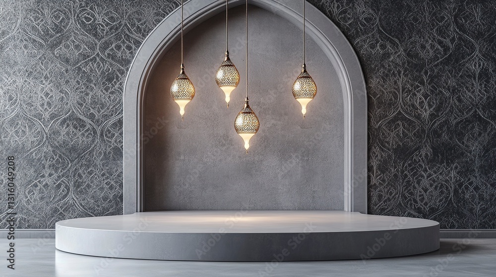 Poster 3d rendering of a podium mockup for product presentation, featuring hanging lamps on a gray backgrou