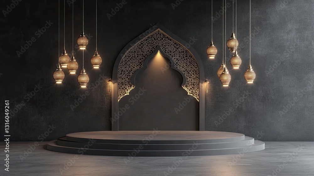 Poster 3d rendering of a podium mockup for product presentation, featuring hanging lamps on a gray backgrou