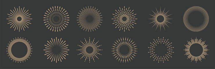 Vintage sunburst collection. Bursting golden sun rays. Fireworks. Logotype or lettering design element. Radial sunset beams. Vector illustration. Vintage sunburst collection. Vector illustration