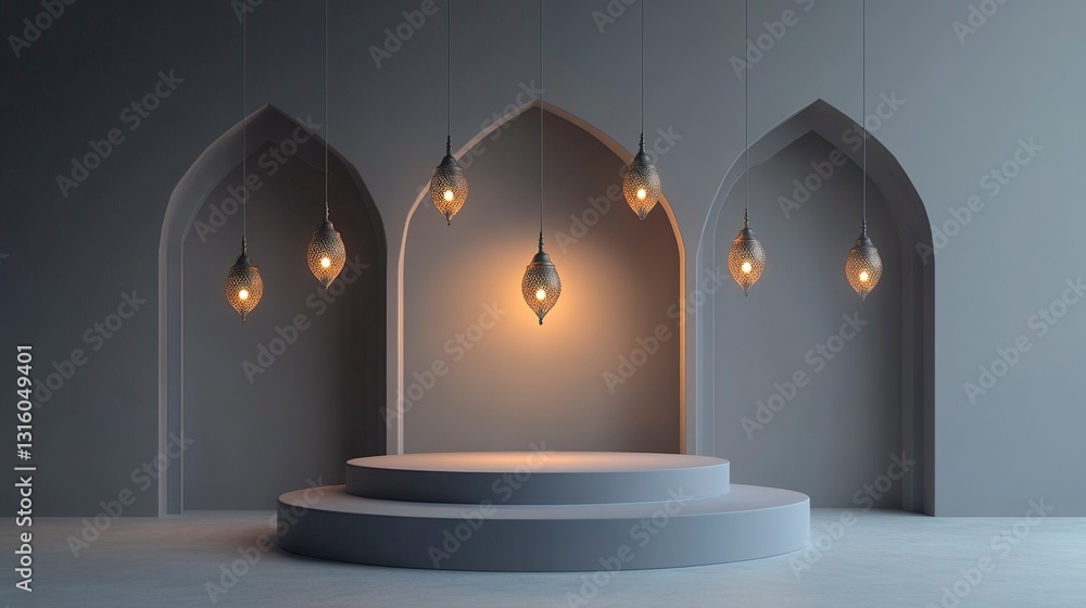 Poster 3d rendering of a podium mockup for product presentation, featuring hanging lamps on a gray backgrou