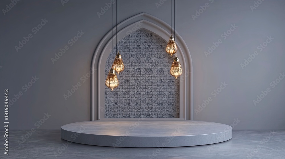 Poster 3d rendering of a podium mockup for product presentation, featuring hanging lamps on a gray backgrou