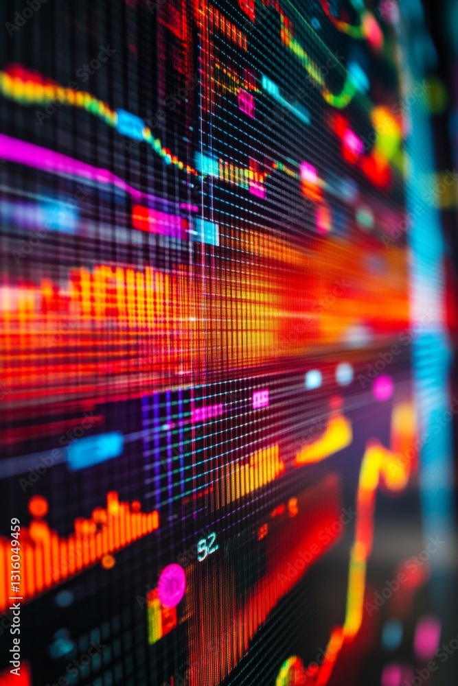 Poster colorful abstract data visualization with bright patterns and graphical waveforms on digital screen