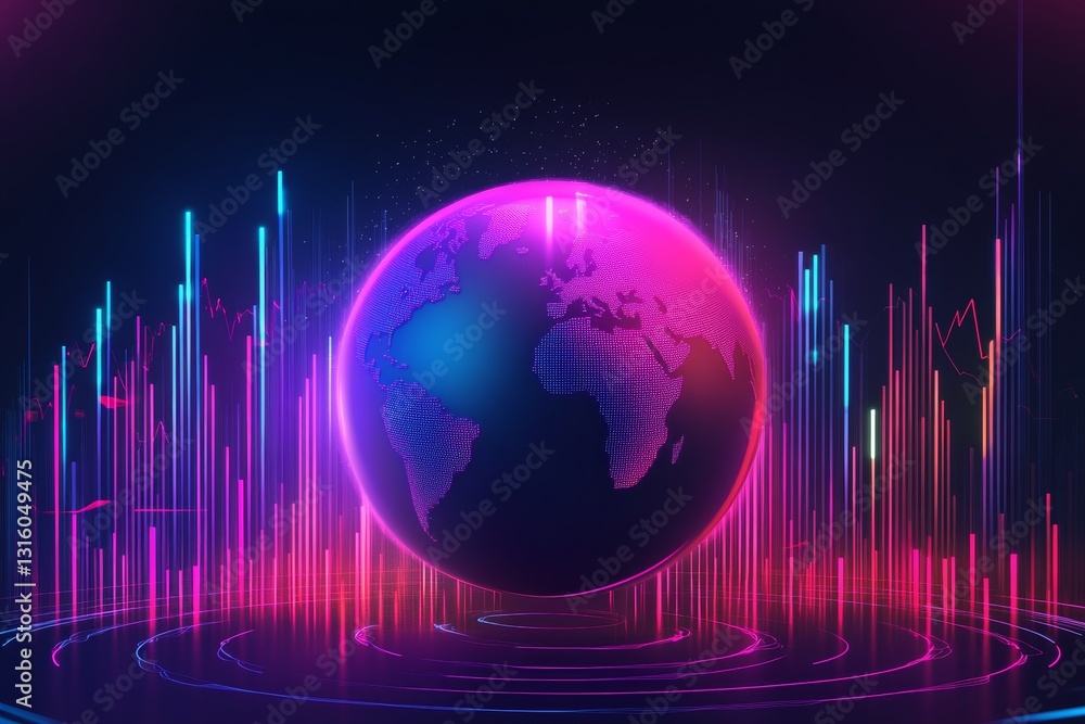 Poster abstract digital globe surrounded by colorful data visualization in futuristic environment