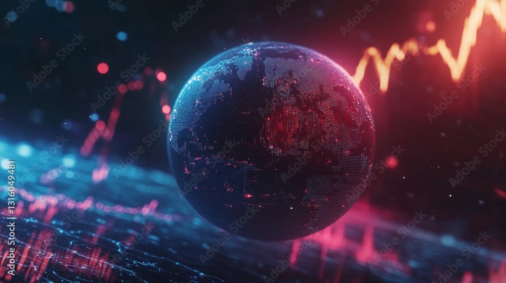 Poster abstract digital visualization of a glowing globe with data trends and analytics in background
