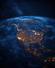 Stunning aerial perspective of North America at night showcasing city lights and atmospheric glow from space