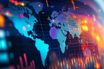 Obraz premium A vibrant and colorful illustration of a global map featuring digital effects and data visualization elements. Perfect for technology and communication themes.
