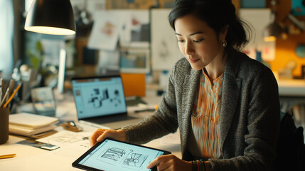 A Creative Director Analyzing Design Prototypes on a Tablet.