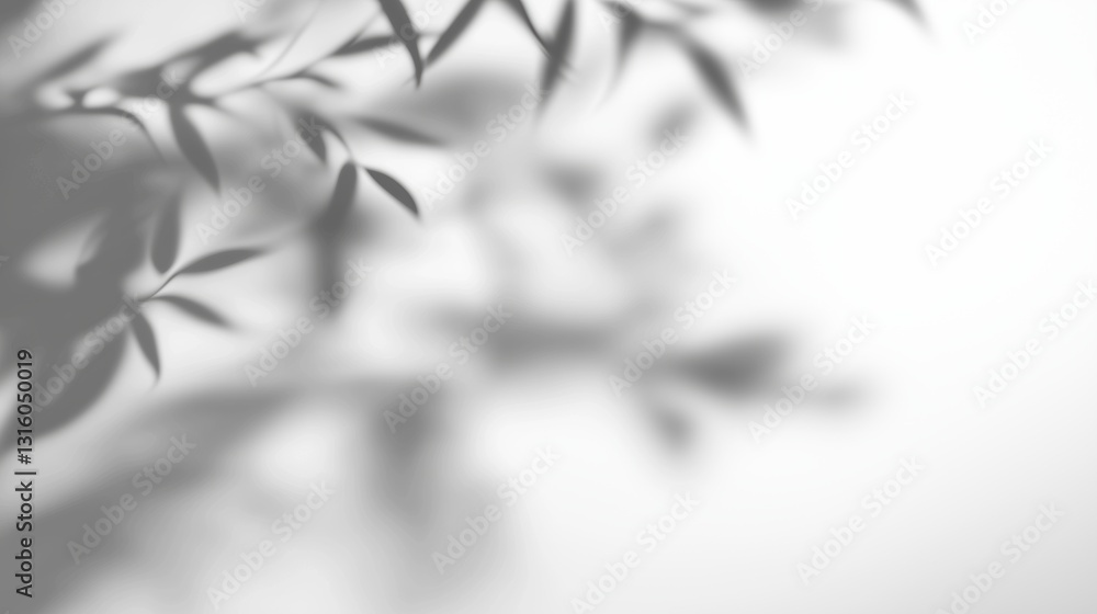 Poster Soft abstract background with delicate shadows of tree leaves on a white wall. Subtle blurred effect in shades of white and grey with soft lighting, ideal for wallpaper, backdrops, banners, and presen