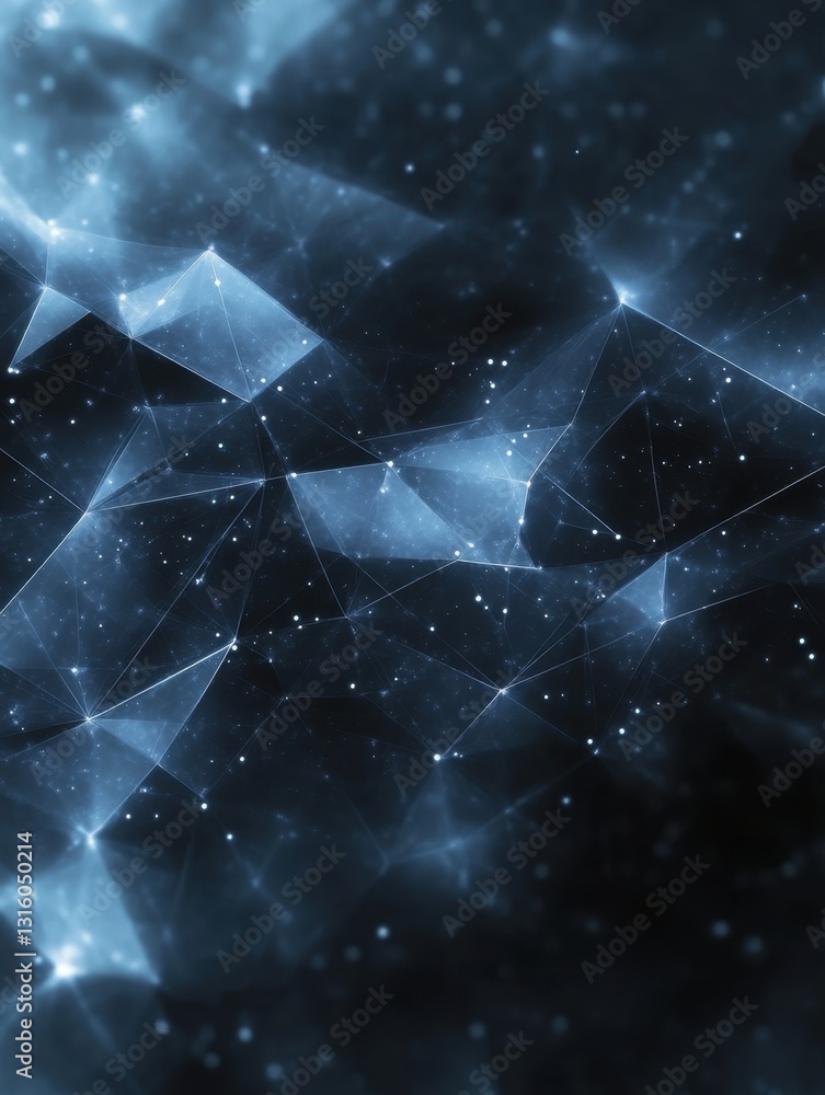 Poster abstract network of interconnected polygons and dotted lines on dark blue background creates futuris