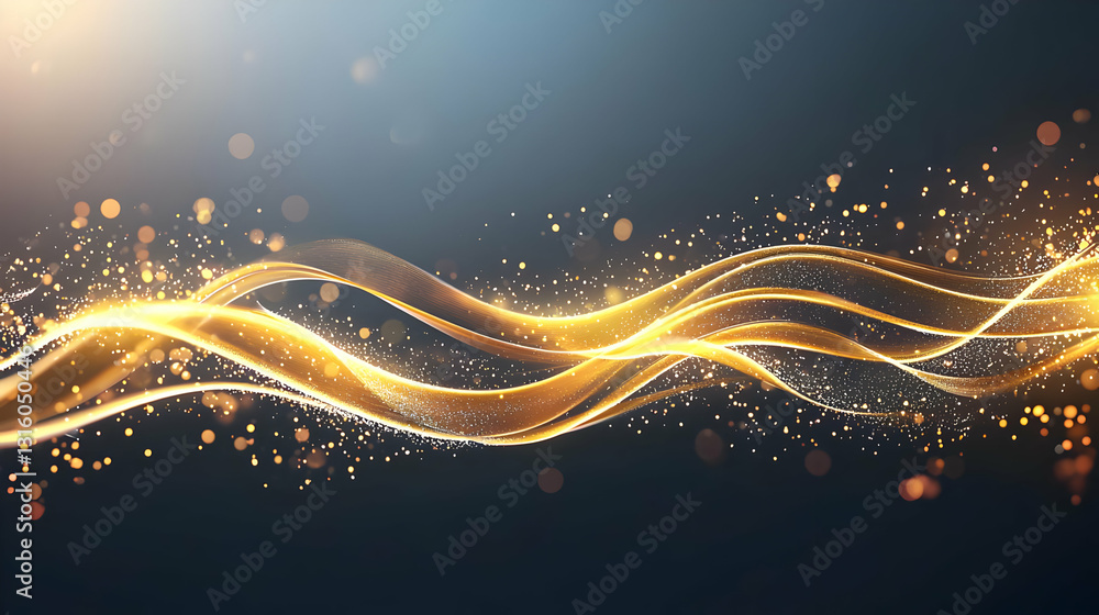 Poster golden luminous waves with sparkling particles on a dark background with a soft dreamy glow