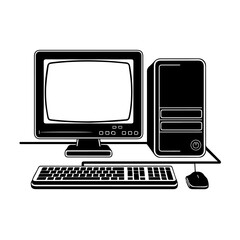 Fototapeta premium This image is a black-and-white vector illustration of a desktop computer setup. It includes a monitor, a CPU tower, a keyboard, and a wired mouse. The design is minimalistic, with solid black shapes 
