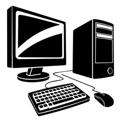 Fototapeta premium This image is a black-and-white vector illustration of a desktop computer setup. It includes a monitor, a CPU tower, a keyboard, and a wired mouse. The design is minimalistic, with solid black shapes 