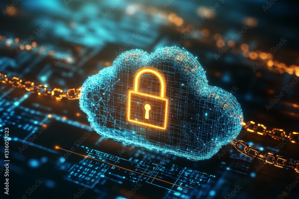 Poster modern representation of digital cloud security features a glowing lock within a cloud structure, sh