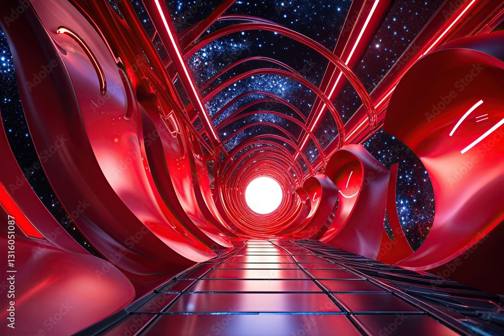 Poster dynamic 3d red background with swirling lights and futuristic blockchain elements
