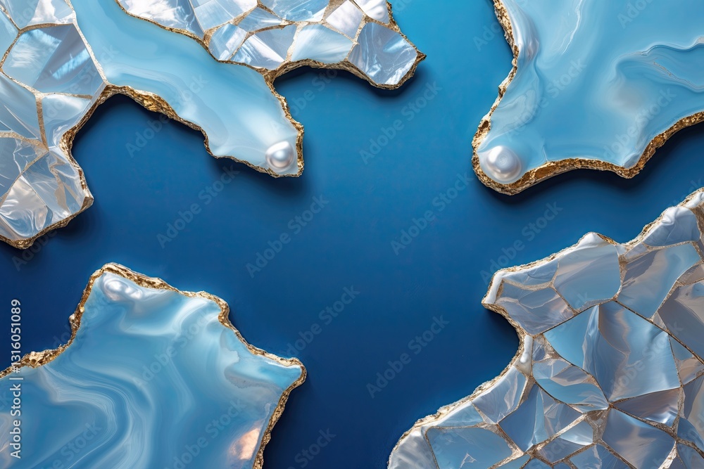 Poster stunning azure background with irregular pearl edges and modern geometric patterns