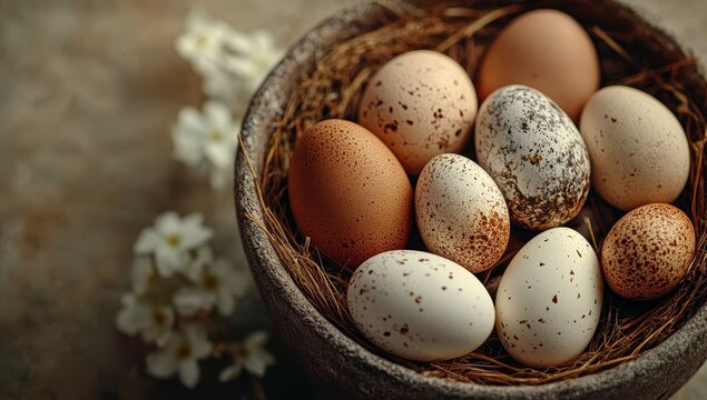 Eggs of different sizes featuring brown spots, viewed from the top, are arranged with gypsophila branches on a layer of straw, all on a beige background with a blank area