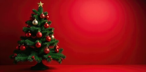 Evergreen Christmas tree with ornaments on red background and soft light, holly berries, holiday cheer