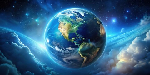 A radiant Earth, encircled by luminous clouds and a celestial expanse filled with shimmering stars, evokes a sense of wonder and cosmic beauty.