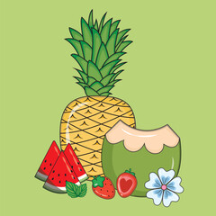 Tropical fruits pineapple, coconut,watermelon vector