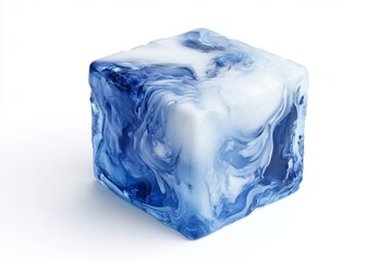 Obraz premium A beautifully crafted ice cube featuring a stunning blue and white swirl design. Perfect for culinary presentations, drink recipes, or artistic photography.