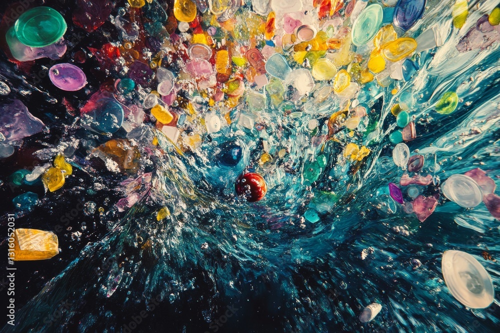 Poster dynamic splash of colorful decorative objects floating in water, creating a vibrant and artistic vis