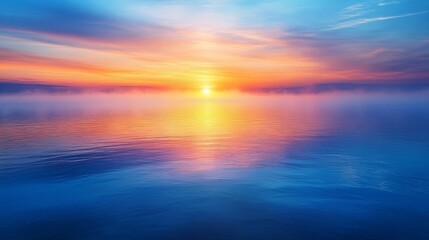 Fototapeta premium A beautiful blue ocean with a sun setting in the background. The sky is filled with clouds and the sun is setting in the distance